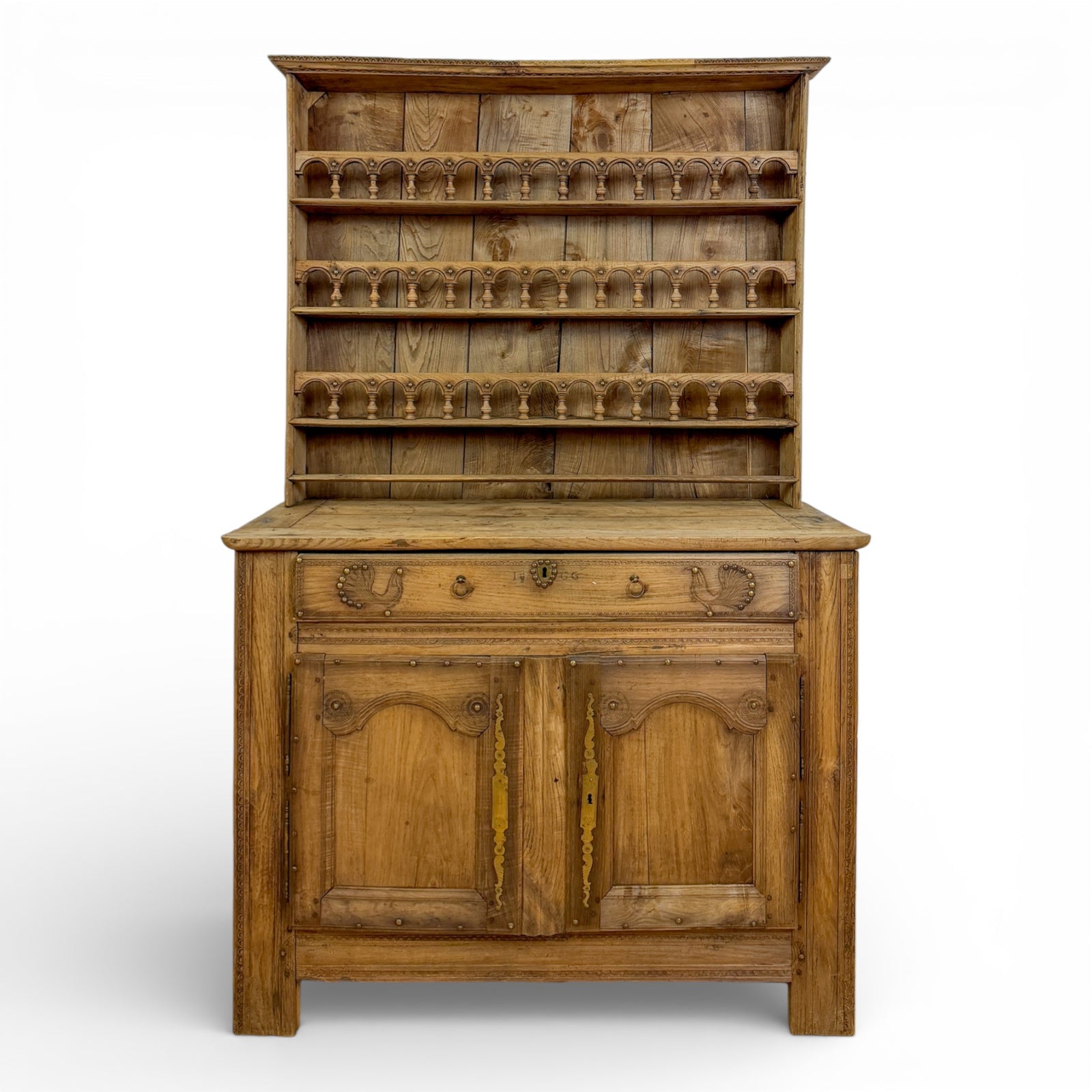 Provincial Oak Dresser with Plate Rack and Carved Roosters