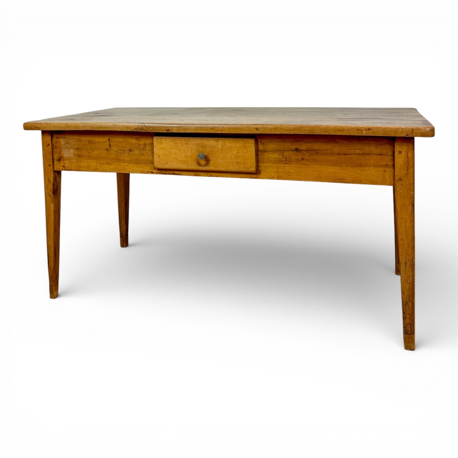 French Fruitwood Farm Table with Tapered Legs and Single Drawer