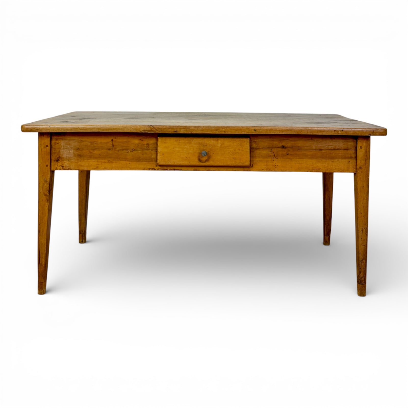 French Fruitwood Farm Table with Tapered Legs and Single Drawer
