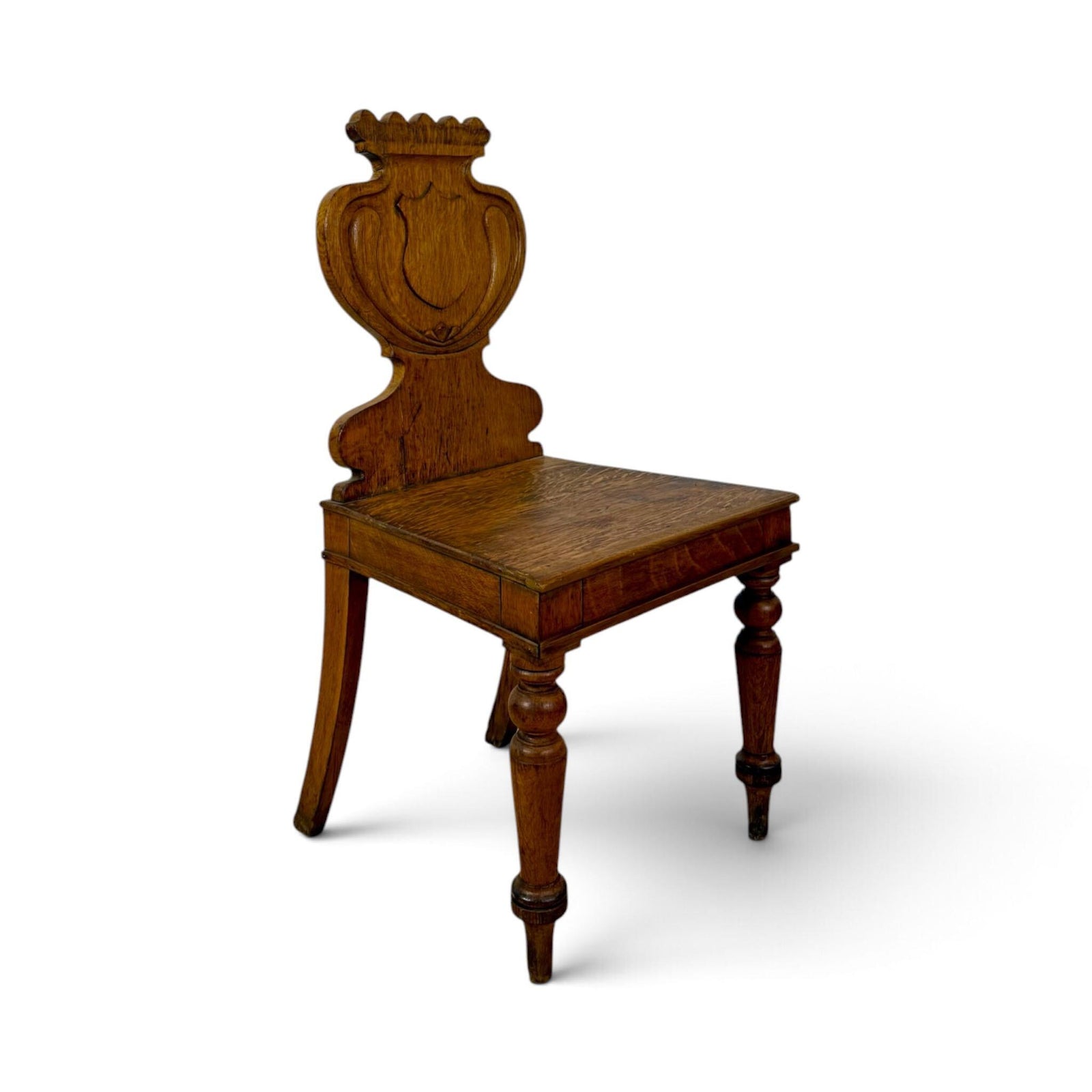 19th Century English Victorian Oak Hall Chair with Coronet Cresting — angle