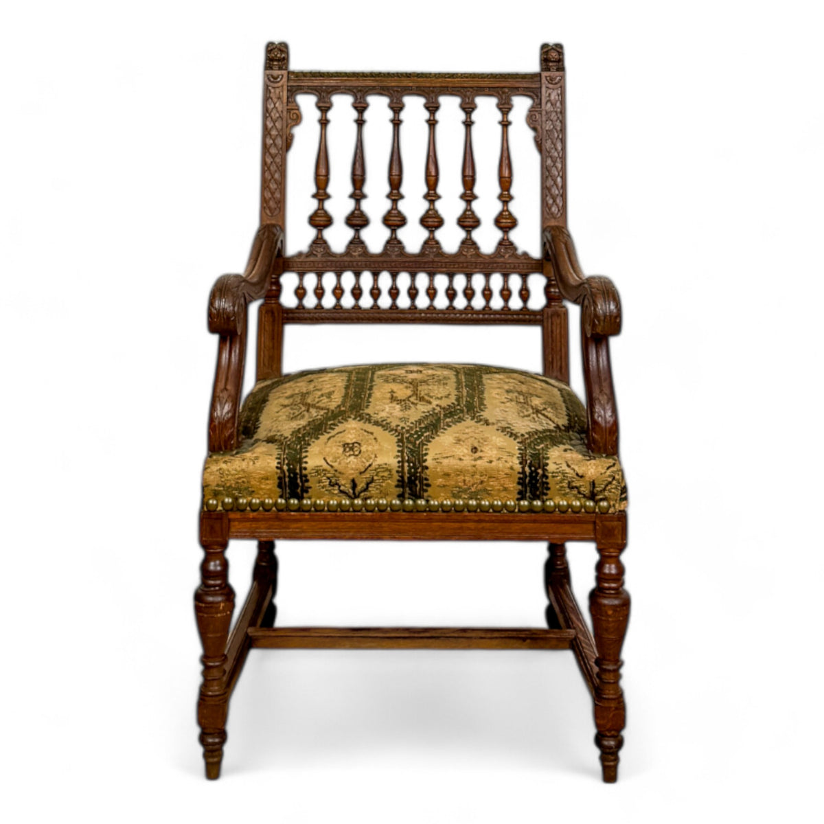 Pair of Spindle Back Tapestry Arm Chairs