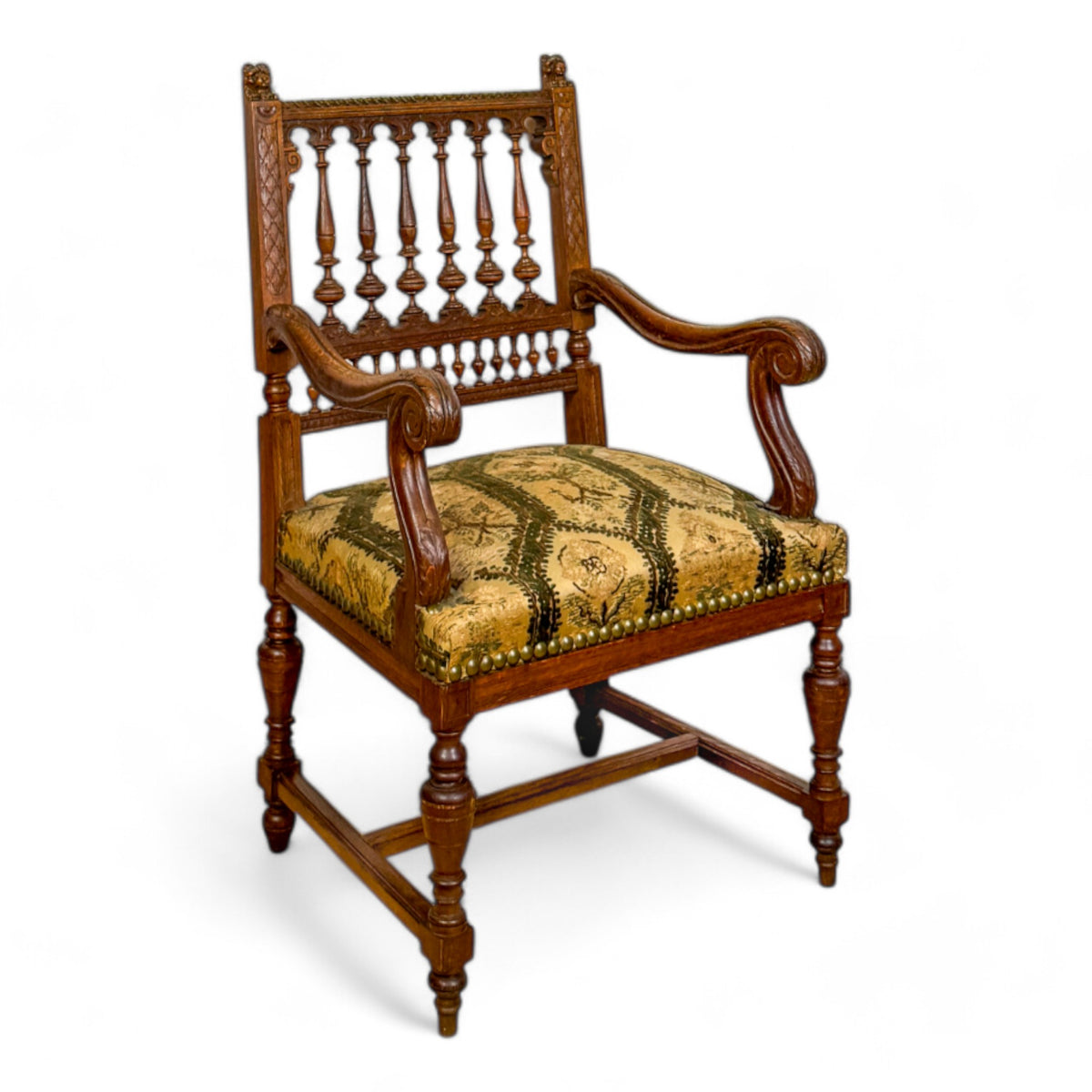 Pair of Spindle Back Tapestry Arm Chairs