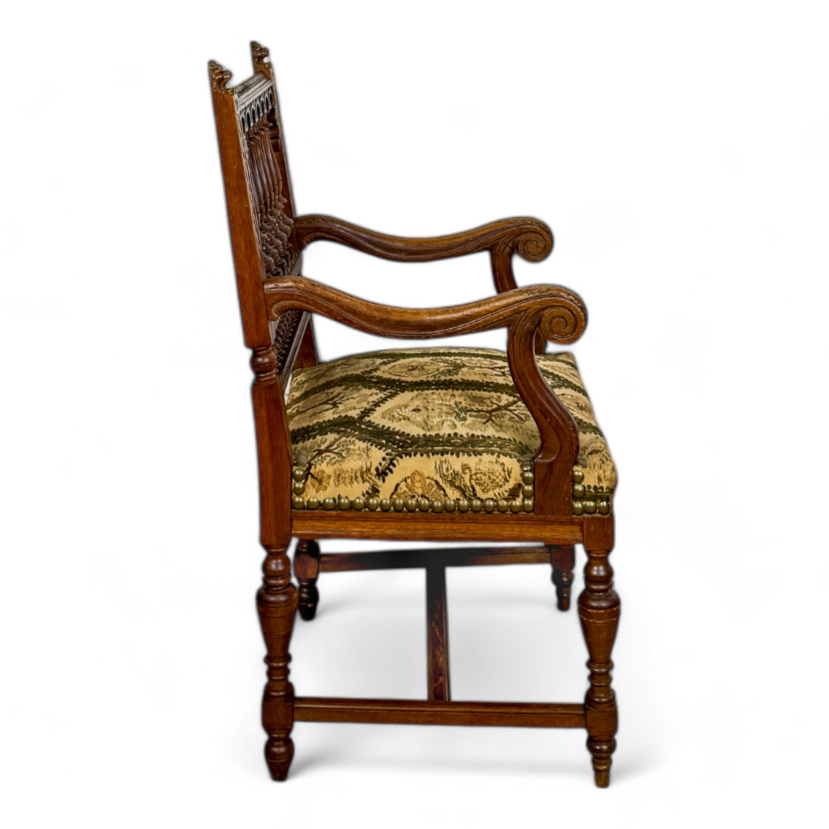 Pair of Spindle Back Tapestry Arm Chairs