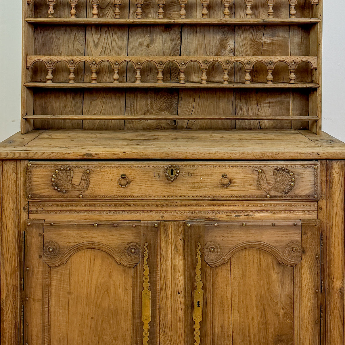 Provincial Oak Dresser with Plate Rack and Carved Roosters