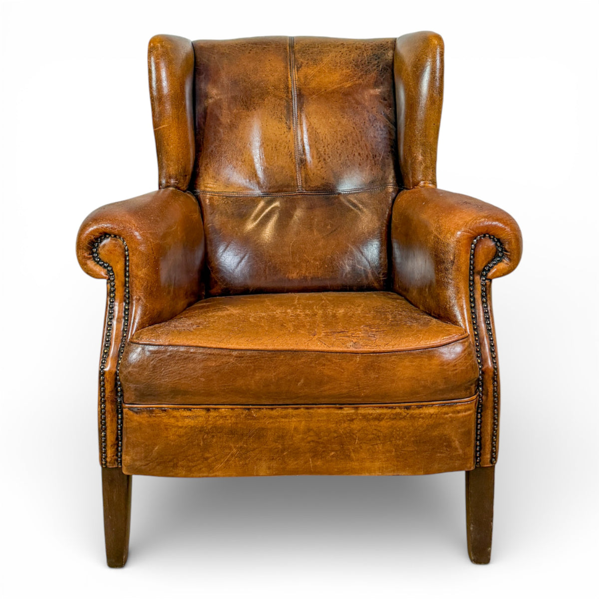 French Leather Wingback Armchair with Nailhead Trim