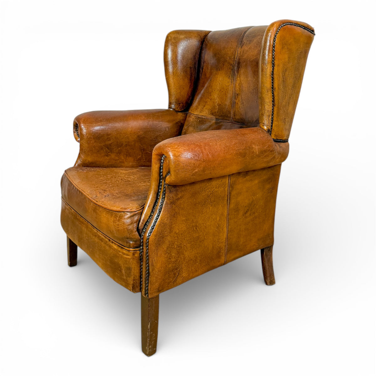 French Leather Wingback Armchair with Nailhead Trim
