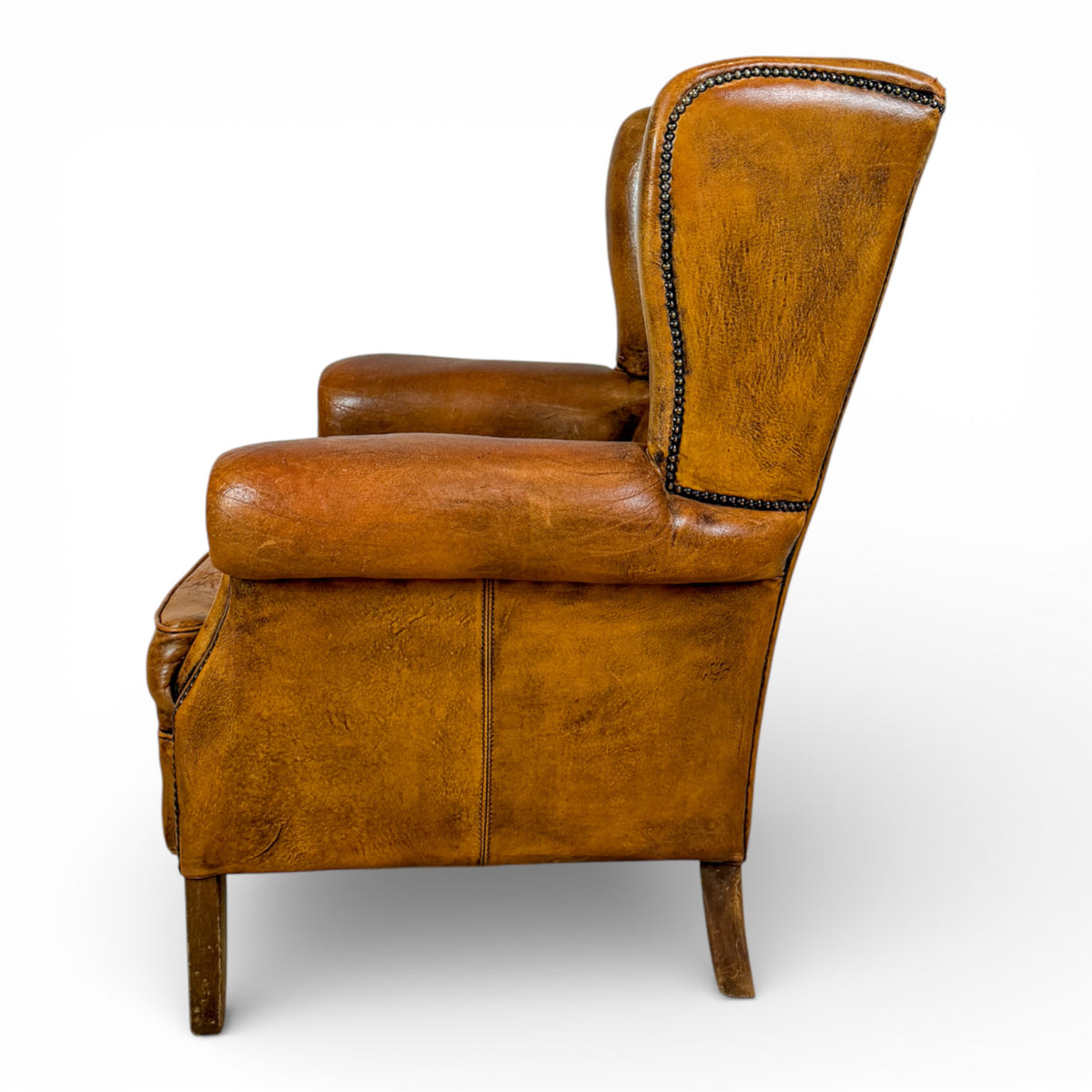 French Leather Wingback Armchair with Nailhead Trim
