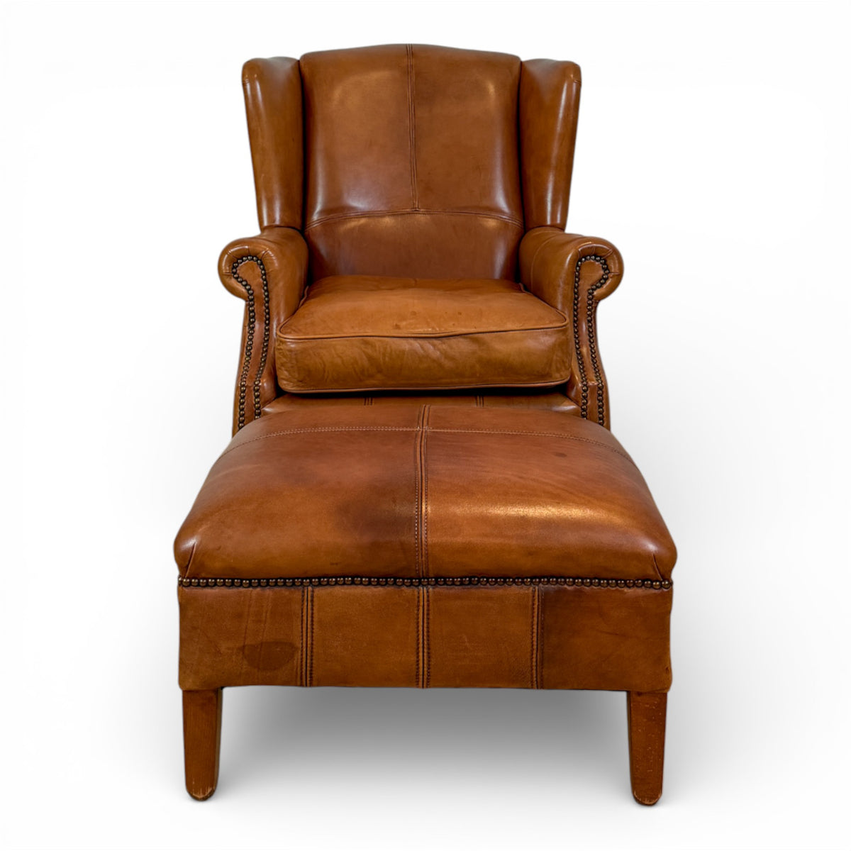 French Leather Wingback Chair and Ottoman