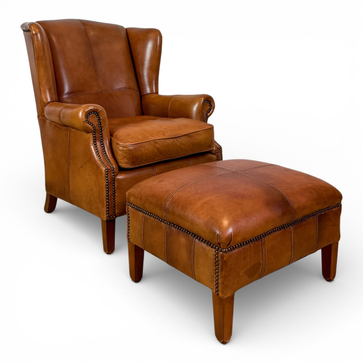 French Leather Wingback Chair and Ottoman