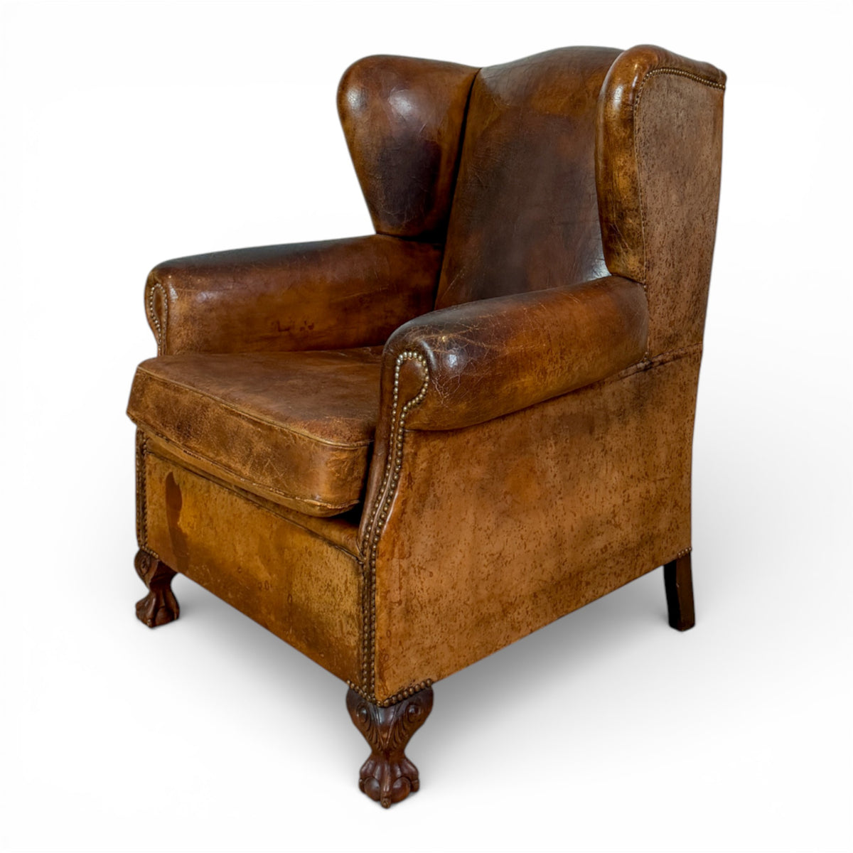 English Leather Wingback Armchair with Carved Claw Feet