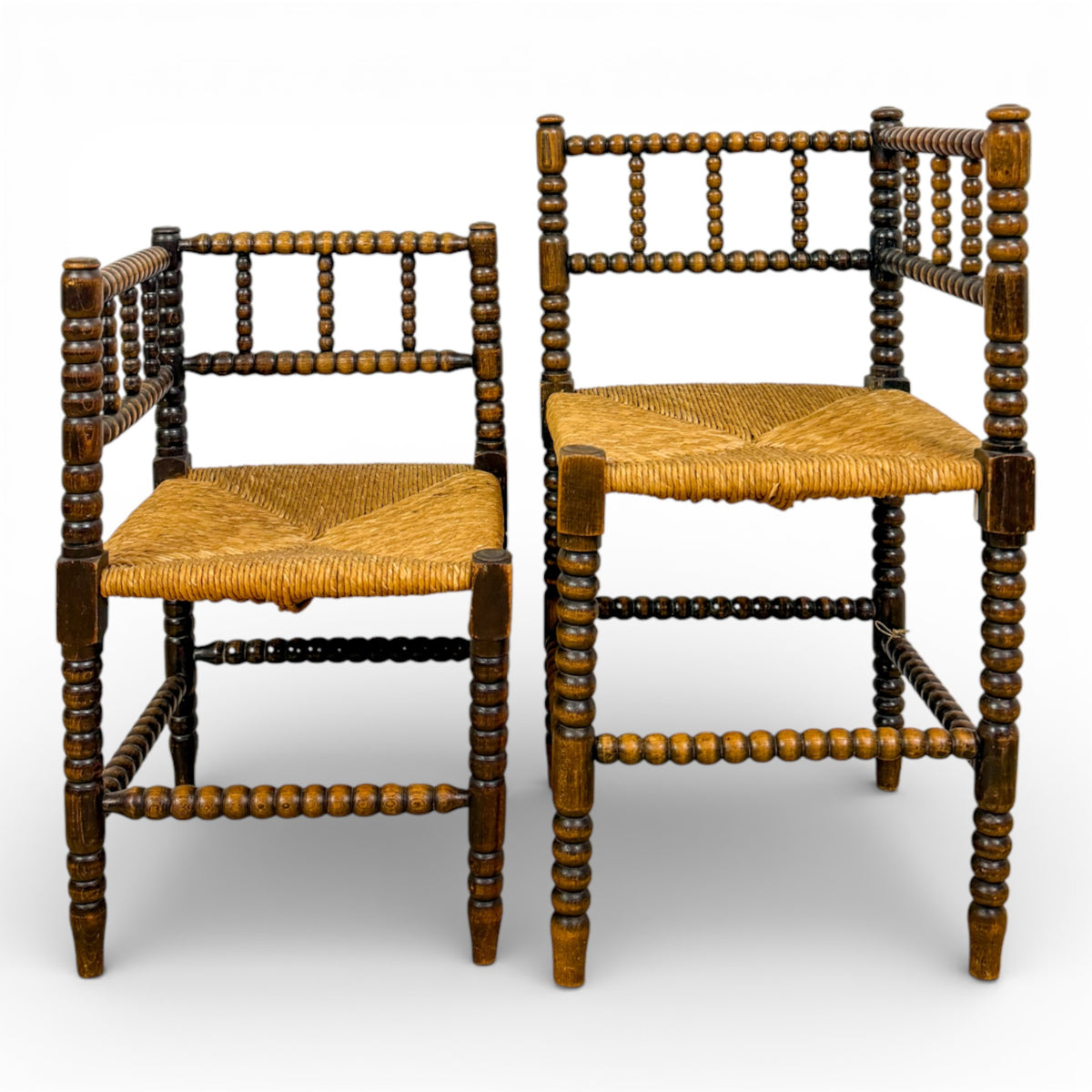 Pair of French Bobbin-Turned Corner Chairs with Rush Seats