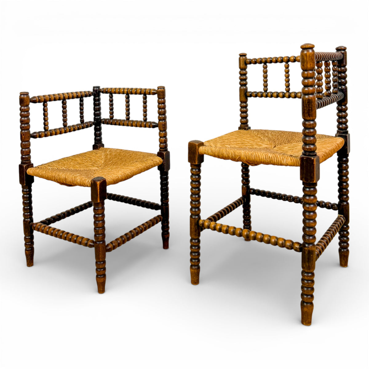Pair of French Bobbin-Turned Corner Chairs with Rush Seats