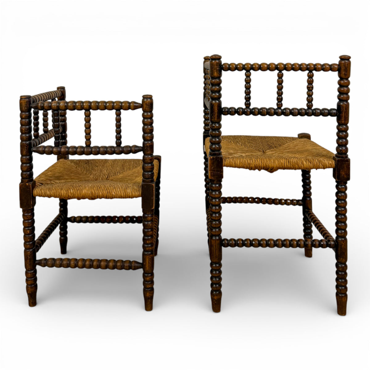 Pair of French Bobbin-Turned Corner Chairs with Rush Seats