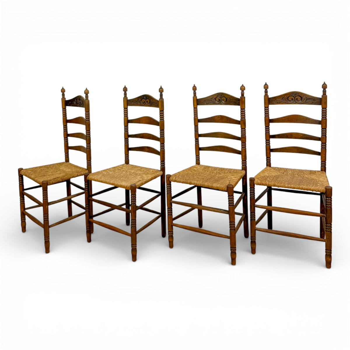 Set of Four French Ladder-Back Chairs with Rush Seats