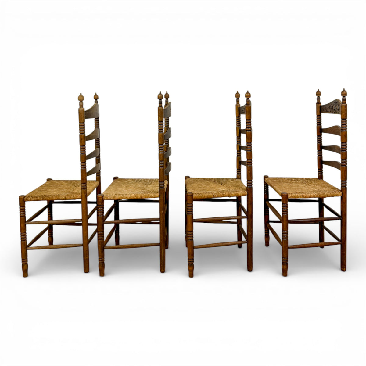Set of Four French Ladder-Back Chairs with Rush Seats