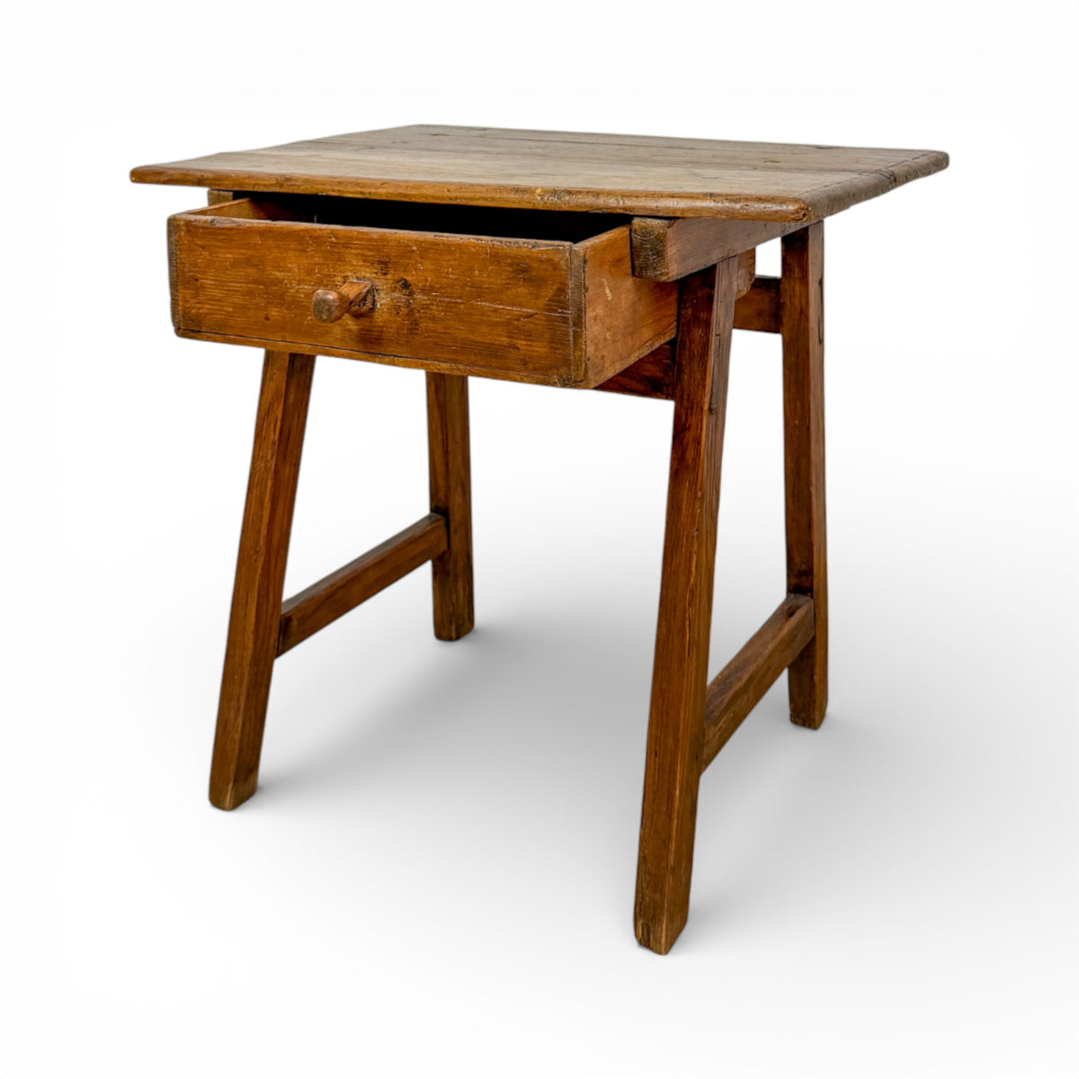 Rustic French Pine Side Table with Tapered Legs and Single Drawer