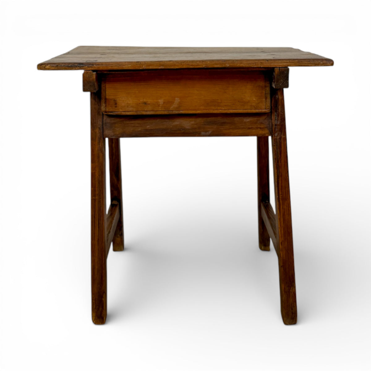 Rustic French Pine Side Table with Tapered Legs and Single Drawer