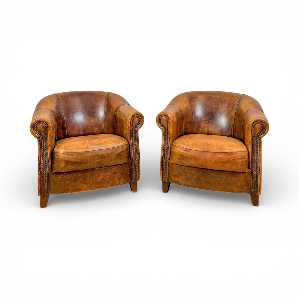 Circa 1930 French Leather Club Chairs | Pair of Vintage Armchairs
