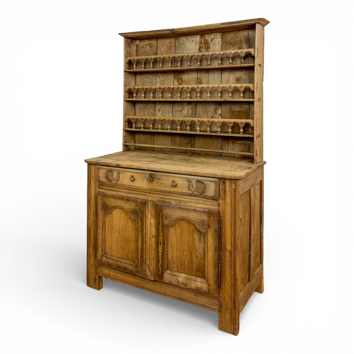 Provincial Oak Dresser with Plate Rack and Carved Roosters