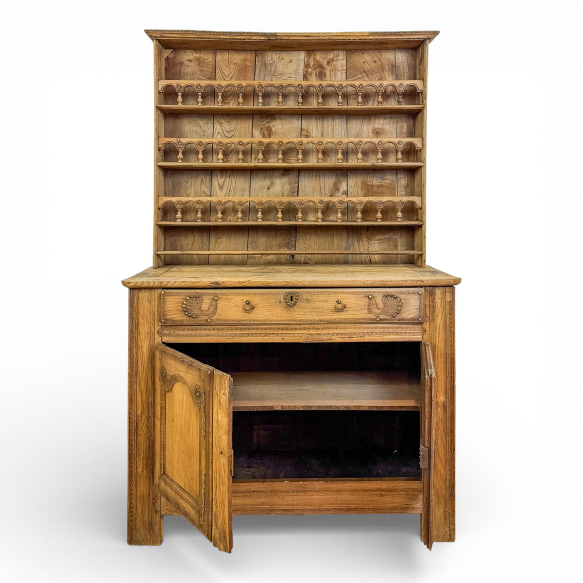 Provincial Oak Dresser with Plate Rack and Carved Roosters