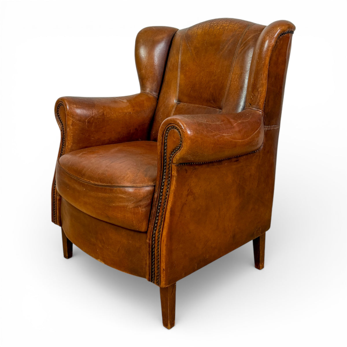 French Art Deco Cognac Leather Club Chair with Nailhead Trim