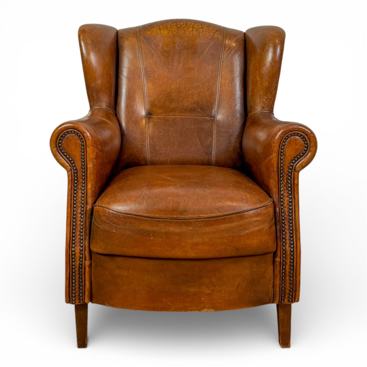 French Art Deco Cognac Leather Club Chair with Nailhead Trim