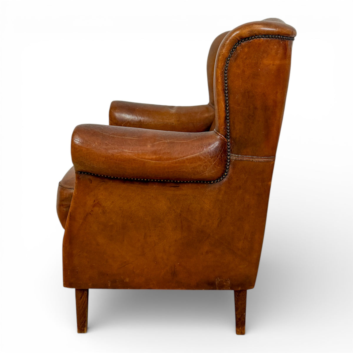 French Art Deco Cognac Leather Club Chair with Nailhead Trim