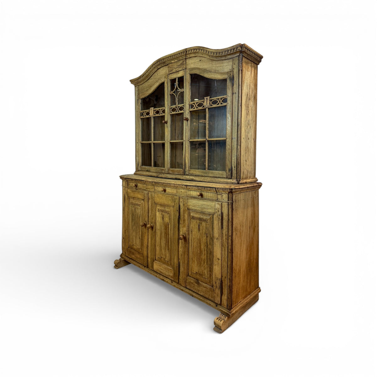 Tall Oak Display Cupboard with Glazed Doors and Carved Base