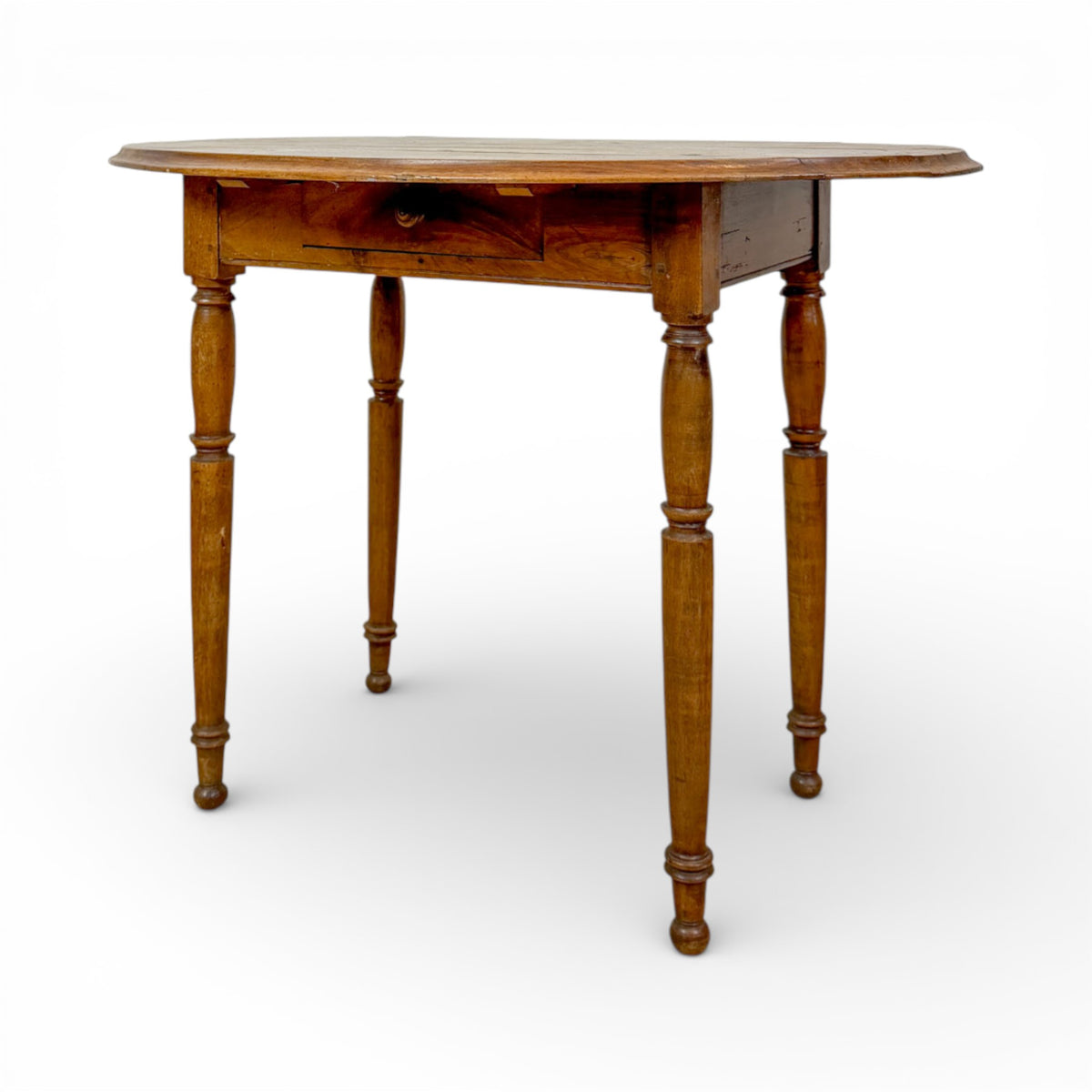 Provincial Oval Walnut Side Table with Drawer and Turned Legs