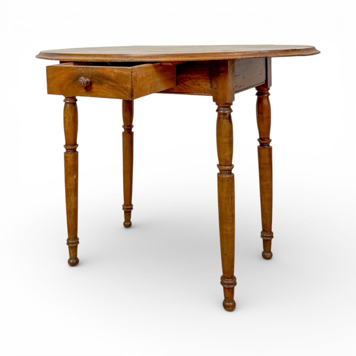 Provincial Oval Walnut Side Table with Drawer and Turned Legs