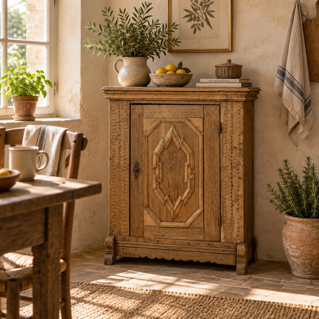 Carved Oak Cabinet with Geometric Panel Door