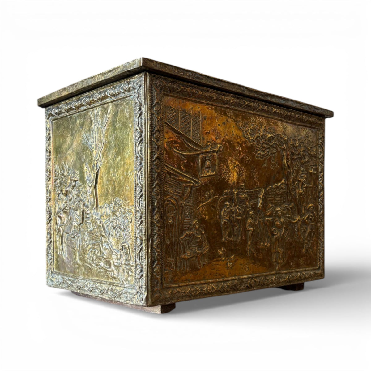 Repoussé Brass Chest with Figural and Landscape Panels