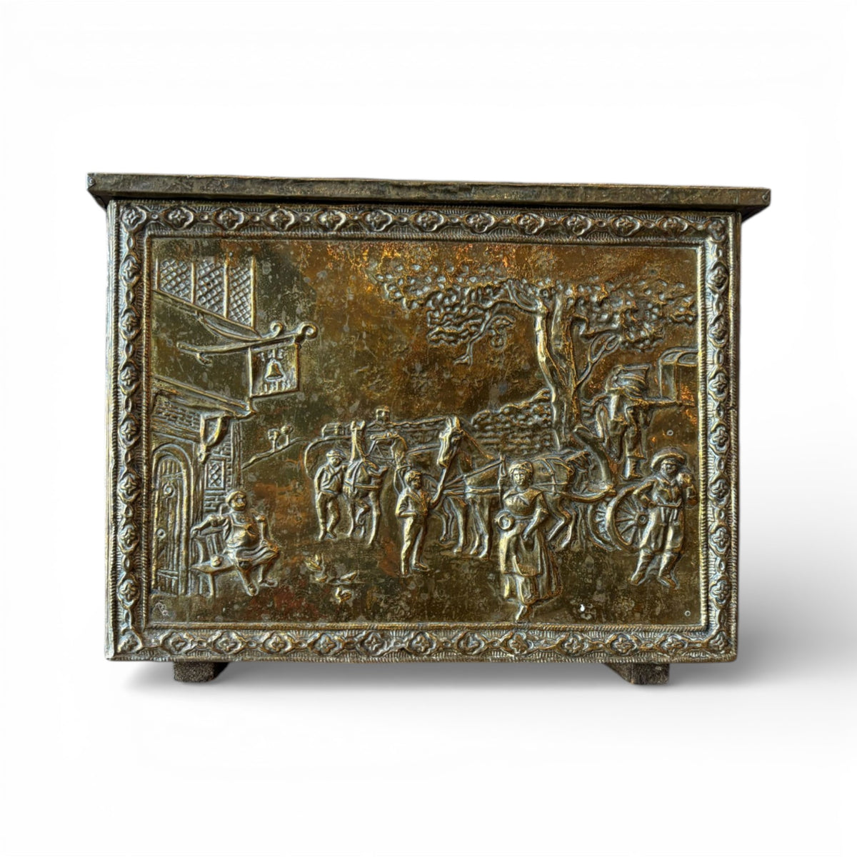 Repoussé Brass Chest with Figural and Landscape Panels