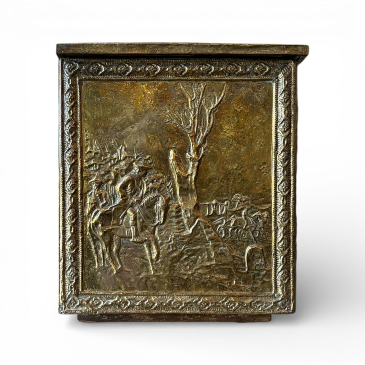 Repoussé Brass Chest with Figural and Landscape Panels