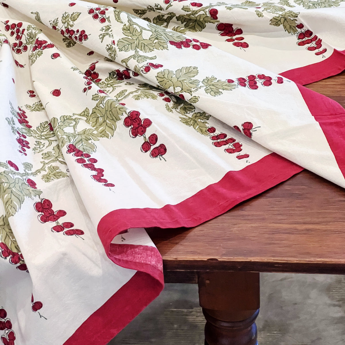 Handmade French Tablecloth Red &amp; Green Berries