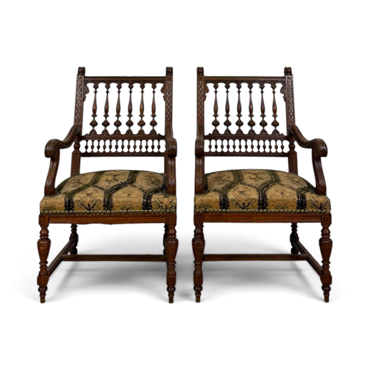Pair of Spindle Back Tapestry Arm Chairs