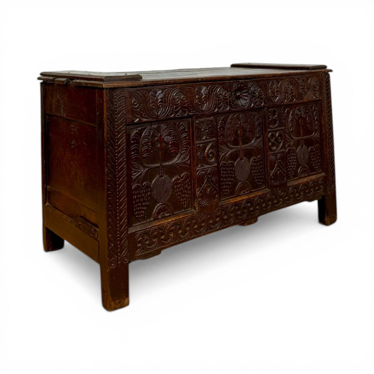 17th Century French Carved Oak Coffer Chest with Initials
