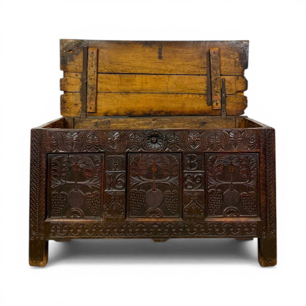 17th Century French Carved Oak Coffer Chest with Initials