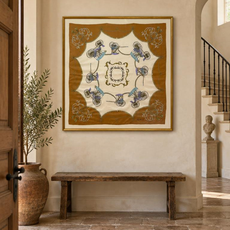 Framed Vintage Céline Paris Silk Scarf with Carriage Motif