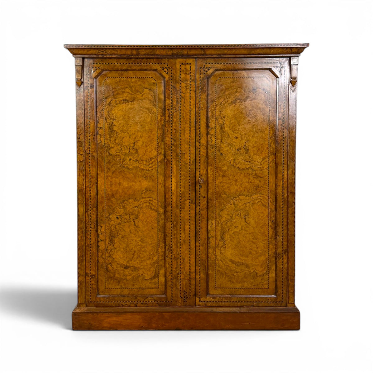 English Burl Walnut Clothes Press Cabinet