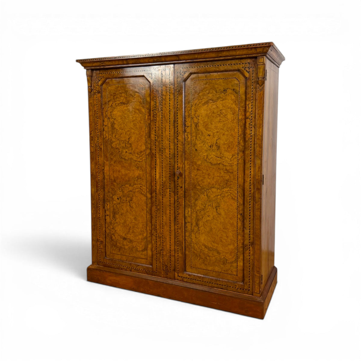 English Burl Walnut Clothes Press Cabinet