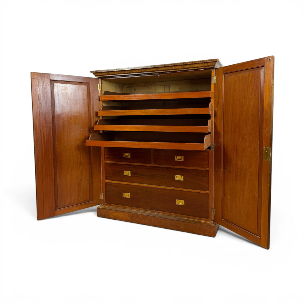 English Burl Walnut Clothes Press Cabinet