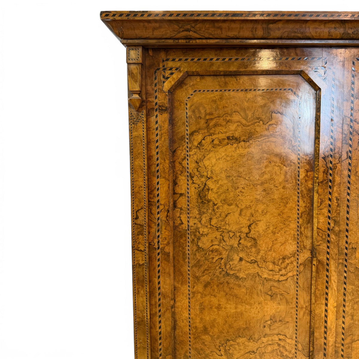 English Burl Walnut Clothes Press Cabinet