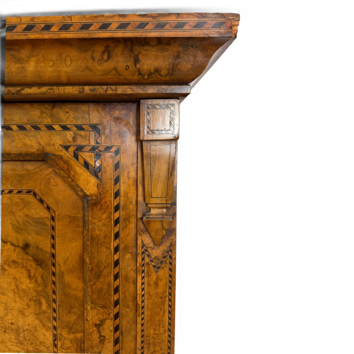 English Burl Walnut Clothes Press Cabinet