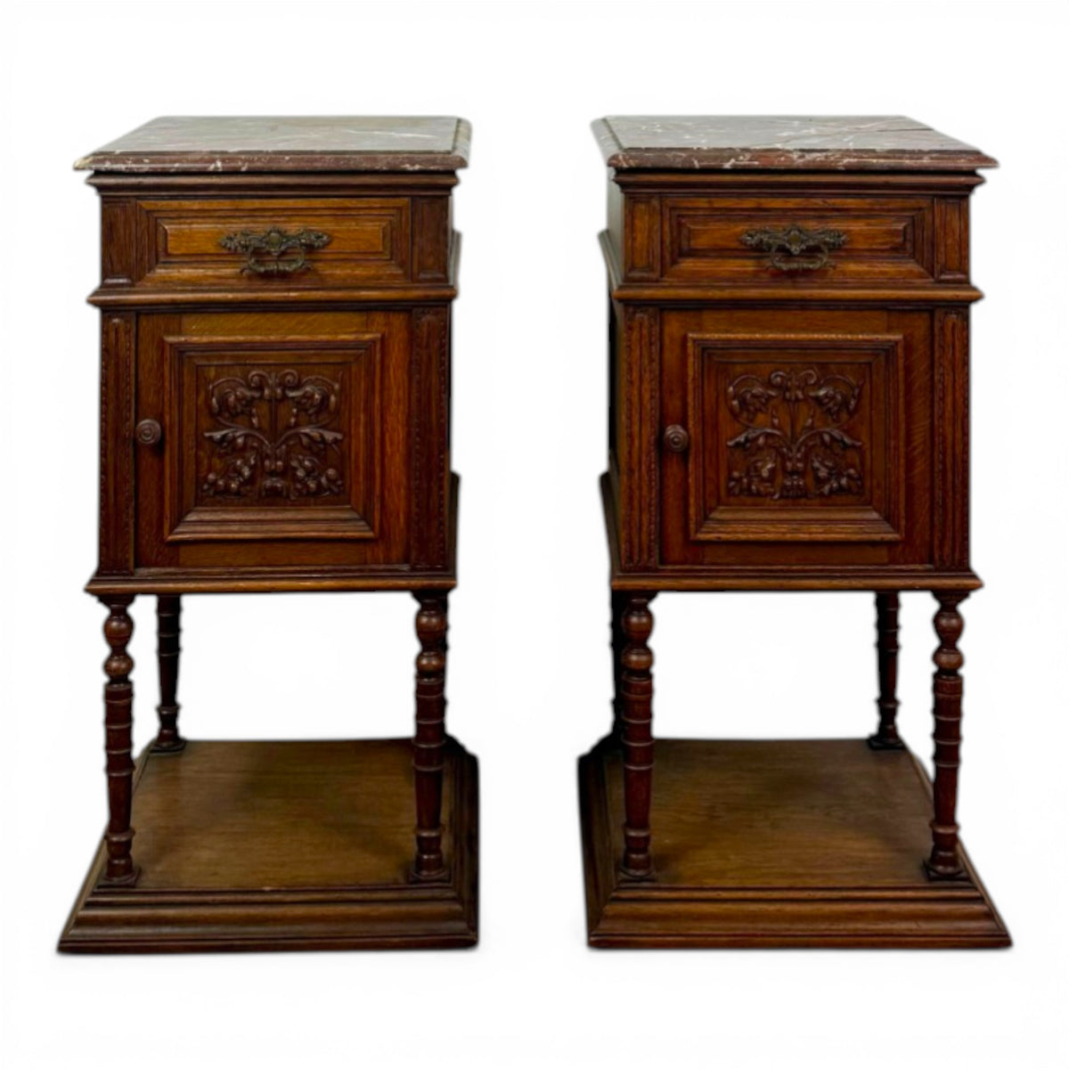 Carved Oak Nightstands with Marble Tops, Pair