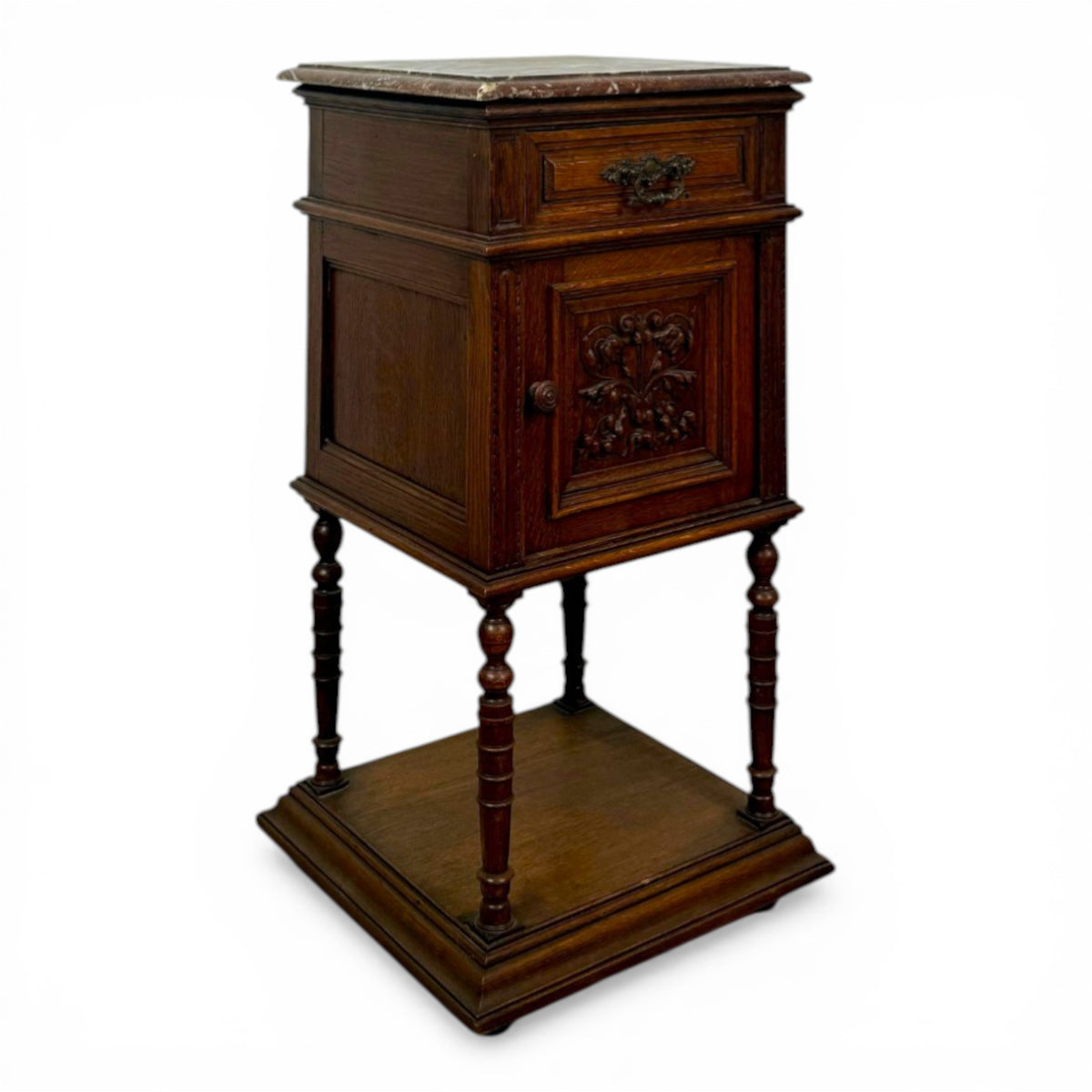 Carved Oak Nightstands with Marble Tops, Pair