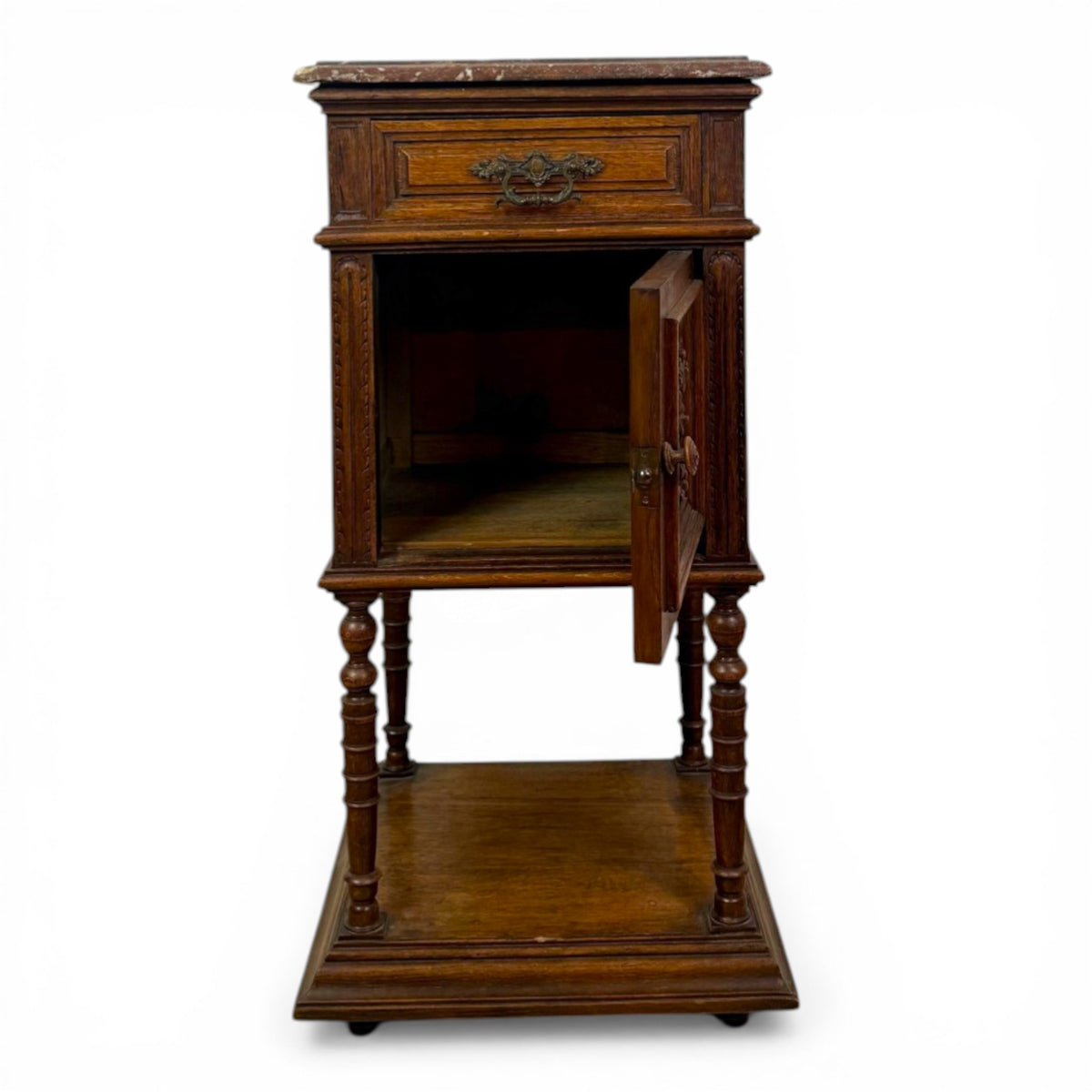 Carved Oak Nightstands with Marble Tops, Pair