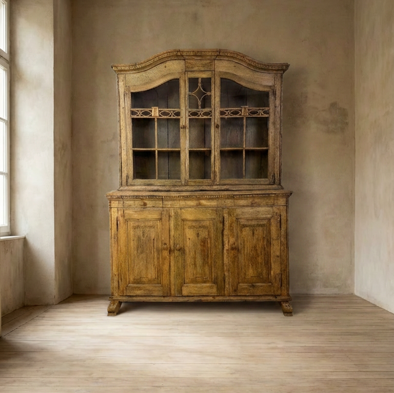 Tall Oak Display Cupboard with Glazed Doors and Carved Base