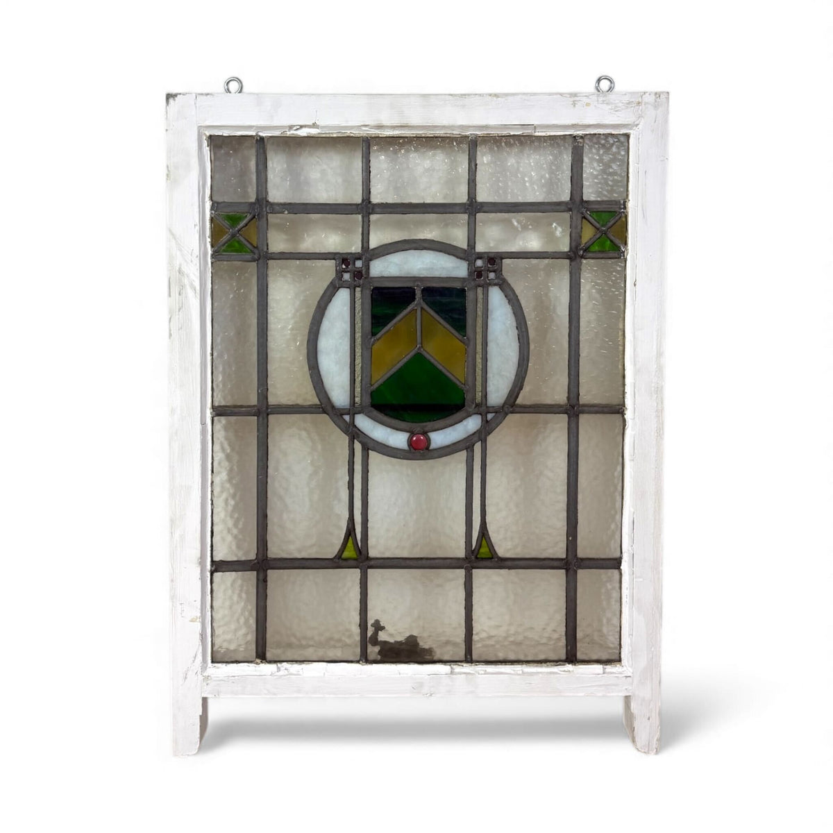 Leaded Glass Window Panel with Geometric Crest Motif