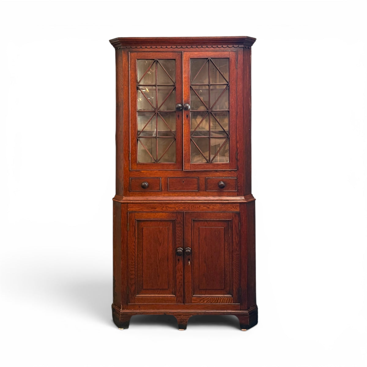 Oak Corner Cupboard with Glazed Upper Cabinet